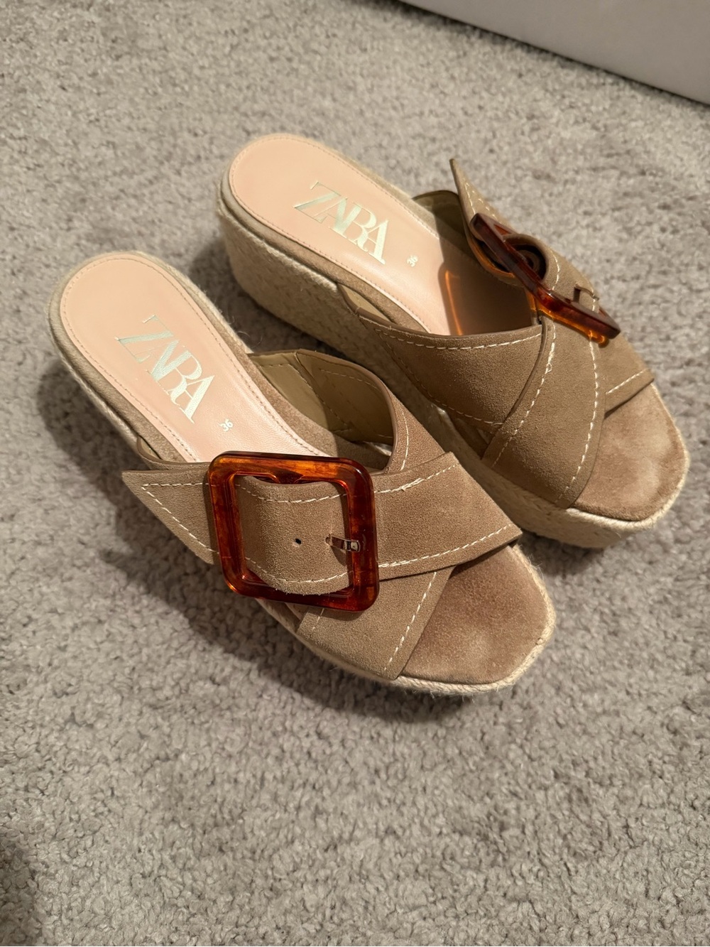 Zara Beige Suede Espadrille Wedge Slides with Tortoiseshell Buckle